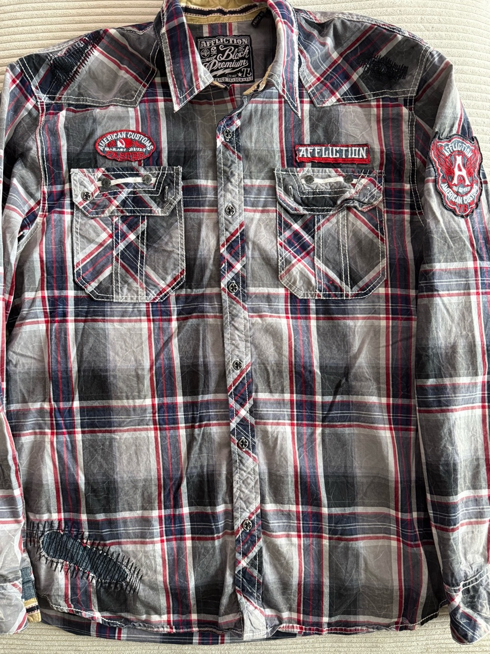 Affliction Men's Gray Plaid Button-Down Shirt with Red & Navy Trim